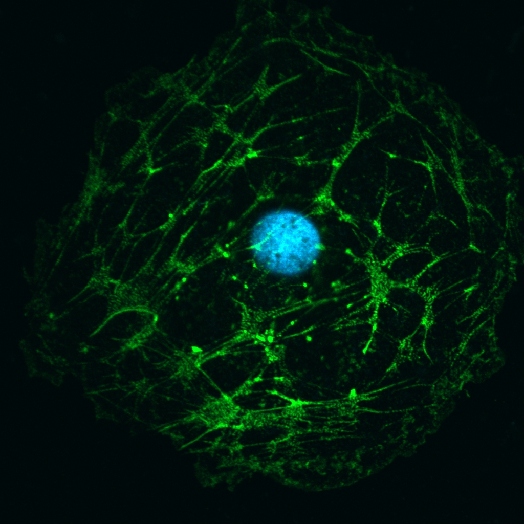 Stem cell–derived heart cell with staining of heart structure protein (green) and nucleus (blue). Credit: Antonio Rampoldi, Cardiomyocyte Stem Cell Laboratory, Emory University.